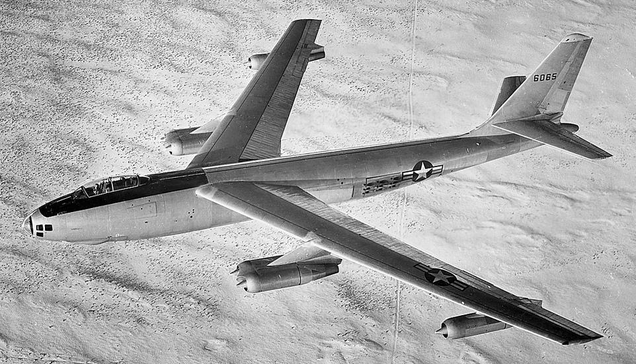 Boeing XB-47 prototype in flight. Note the glazed nose position for the bombardier. Production models dropped this feature for a solid nose.